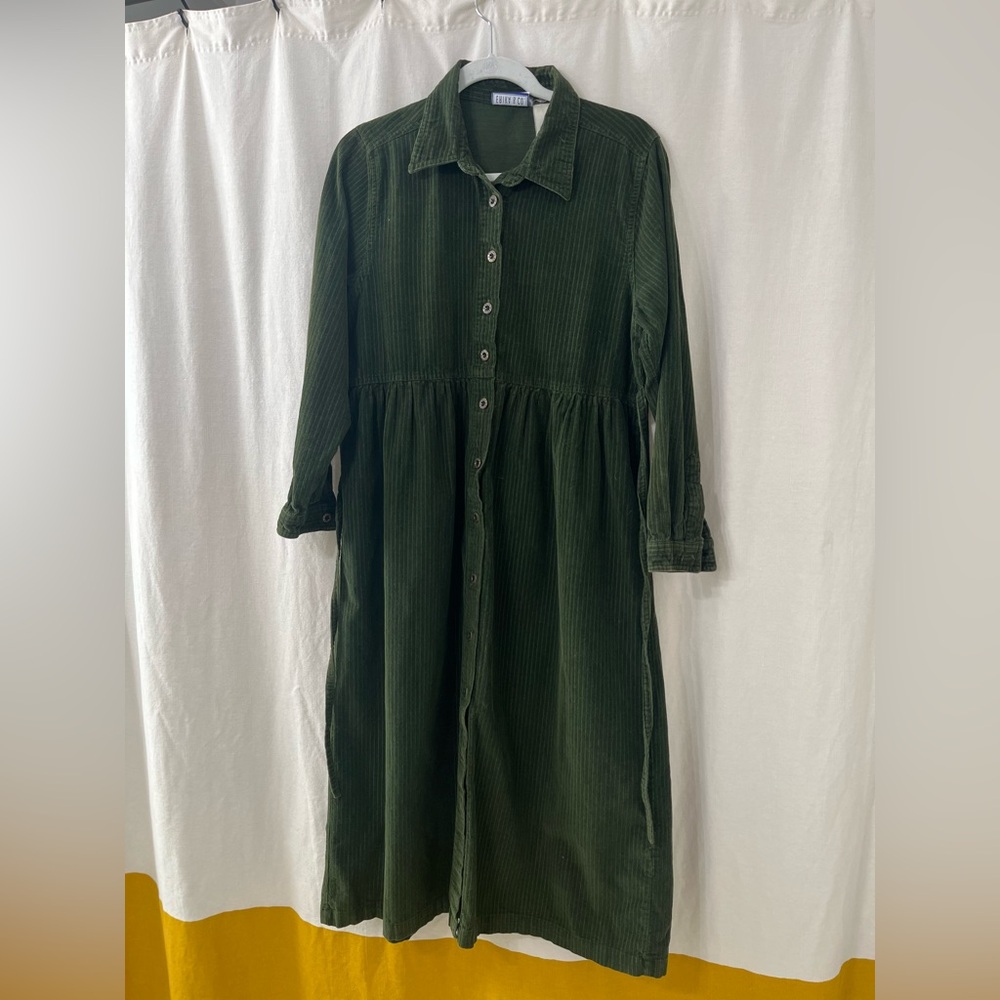 Vintage Long Sleeve Corduroy Dress in Deep Green